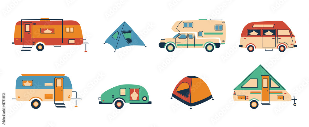 Cartoon camper. Doodle tent and caravan vehicle, camper van for recreational holiday, hand drawn trailer. Vector adventure vacation concept