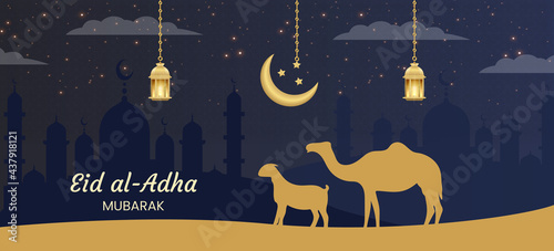 Eid al adha mubarak background with goat, camel and mosque  Vector