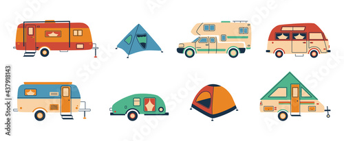 Cartoon camper. Doodle tent and caravan vehicle, camper van for recreational holiday, hand drawn trailer. Vector adventure vacation concept