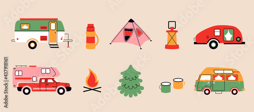 Caravan car. Cartoon Camper van, tourist tent and trailer for adventure lifestyle and active recreational holidays. Vector doodle set