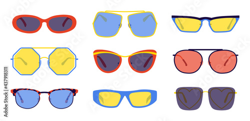Cartoon sunglasses. Trendy retro glasses collection, fashion summer color accessory, hipster fashionable eyeglasses. Vector isolated collection