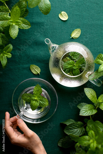 Fotografija Fresh mint tea-drinking concept, overhead view