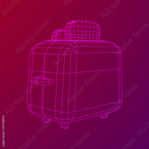Toaster with two fried pieces of loaf prepared for a breakfast. Wireframe low poly mesh vector illustration.