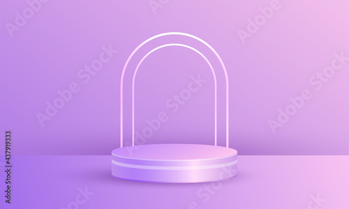 Minimal scene product display with geometric platform, cylinder podium in purple background