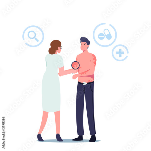 Dermatology Sickness Treatment. Doctor Dermatologist Character Looking on Patient Body with Utricaria Rash Symptom