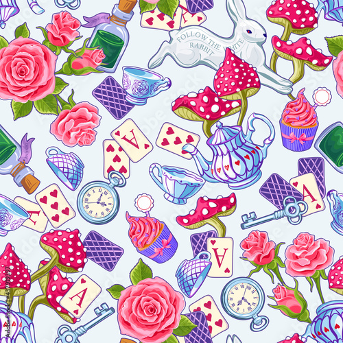 Wonderland seamless pattern. Bright colored cartoon doodles hand drawn detailed, with lots of objects background. Flowers, white rabbit, cards, mushroom. Texture for fabric, wallpaper,decorative print