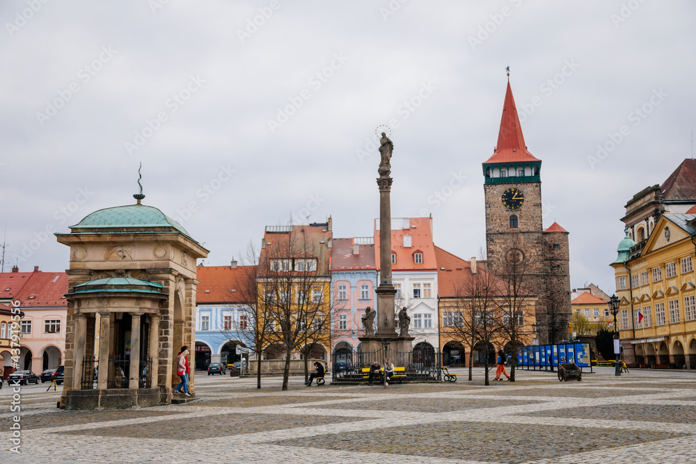 Wallenstein square, renaissance historical buildings, baroque meteorological column, gothic tower Valdice gate and Marian Column, sculptural group of Virgin Mary, Jicin, Czech Republic