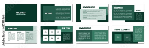 Green rectangles presentation template. Flat design, 16 slides. Title, detail, development, element, process description, methodology, service, team, solution.at design, white background.