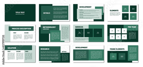 Green rectangles presentation template. Flat design, 12 slides. Title, detail, development, element, process description, methodology, service, team, solution.