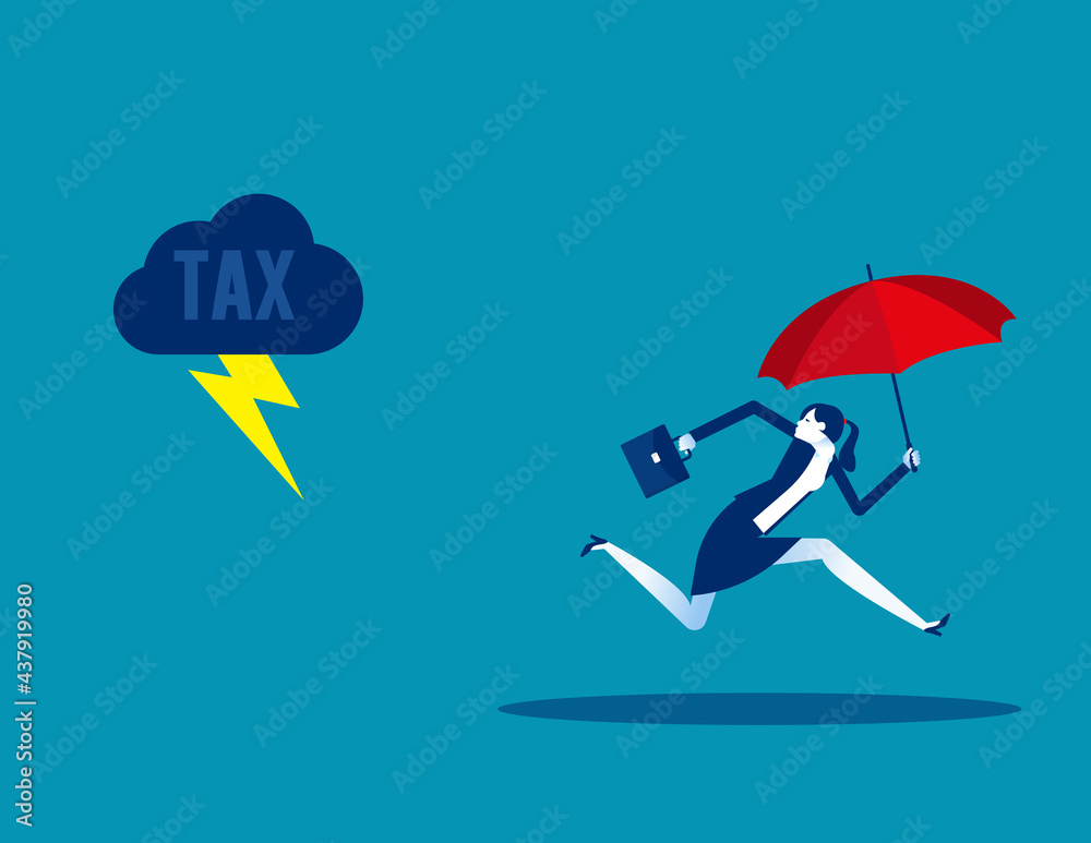 Businesswoman running away from tax. Tax avoidance Businesswoman running away from tax. Tax avoidance