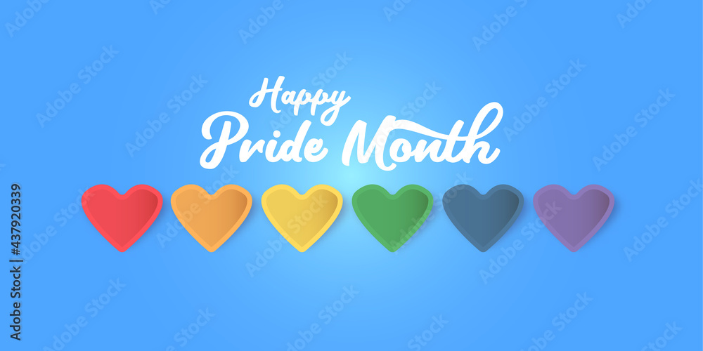 Happy pride month horizontal banner with heart and pride color flag isolated on blue background. Pride month or pride day poster, flyer, invitation party card design template.