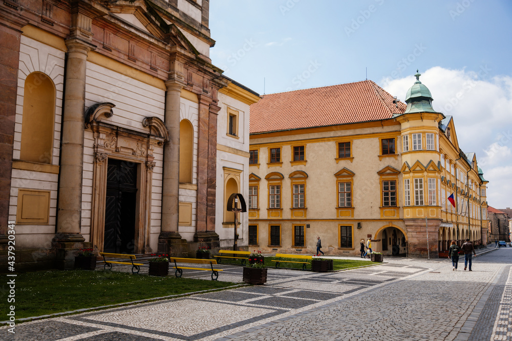 Baroque and neoclassical style church of St. James the Greater in sunny day, Wallenstein castle, Historical center, Bohemian Paradise or Cesky Raj, Jicin, Czech Republic