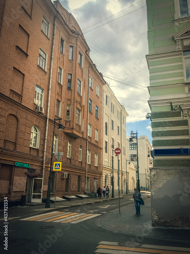 Streets in Moscow. street between houses. Summer in Moscow. City.