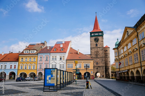 Main town square with colorful renaissance historical buildings, baroque Wallenstein Castle, medieval gothic tower Valdice gate, Bohemian Paradise or Cesky Raj, Jicin, Czech Republic