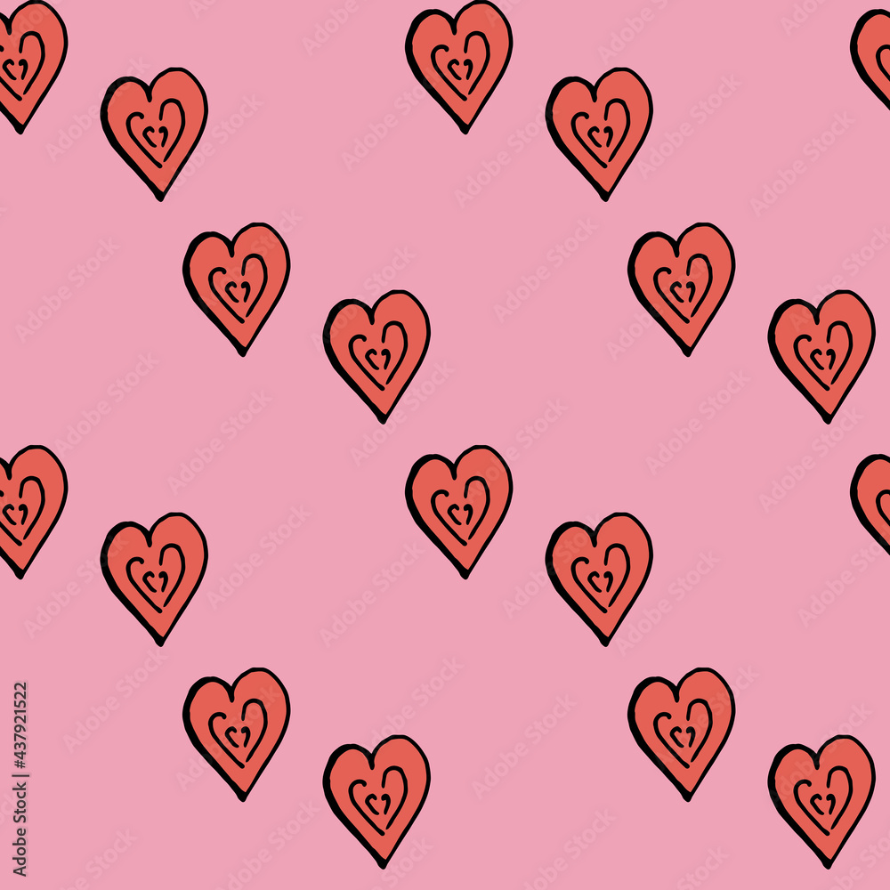 Seamless pattern with red hearts on light pink background. Vector image.