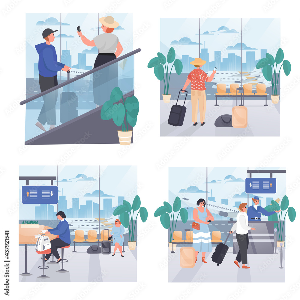 Airport concept scenes set. Tourists with luggage in airport terminal, check in for flight, waiting boarding at hall. Collection of people activities. Vector illustration of characters in flat design Airport concept scenes set. Tourists with luggage in airport terminal, check in for flight, waiting boarding at hall. Collection of people activities. Vector illustration of characters in flat design