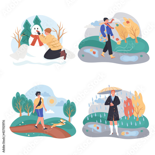 Different weather conditions concept scenes set. Man and women walking outside in winter, autumn, summer and spring. Collection of people activities. Vector illustration of characters in flat design