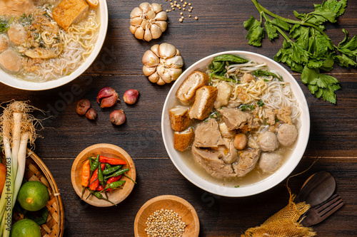 Fototapeta Naklejka Na Ścianę i Meble -  Bakso or baso is an Indonesian meatball, Its texture is similar to the Chinese beef ball, fish ball, or pork ball. The word bakso refer the complete dish of beef broth soup, noodle, tofu and bok choy.