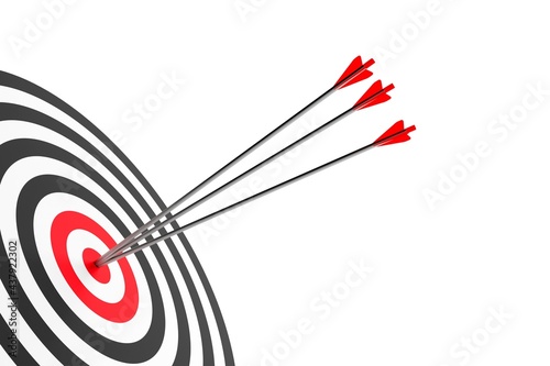 Three arrows hitting center of goal target over white background, success, goal achievement or performance concept