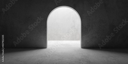 Fotografie Abstract empty, modern concrete room with open archway in the middle and rough f