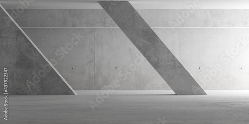 Abstract empty, modern concrete room with indirect lighting from right with diagonal pillar and rough floor - industrial interior background template
