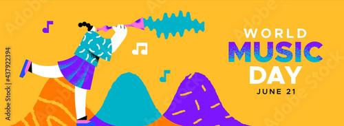 Music Day banner woman musician playing clarinet