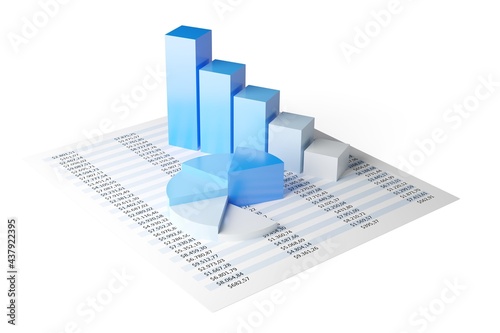 Blue pie chart and bar graph business diagrams on numbers spreadsheet over white background, financial growth, statistics or investment graph concept