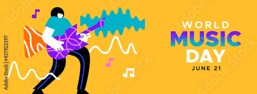 Music Day banner man musician playing rock guitar