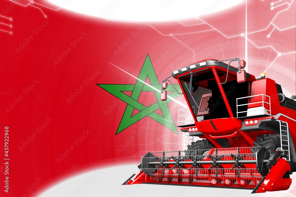 Agriculture innovation concept, red advanced rye combine harvester on Morocco flag - digital industrial 3D illustration