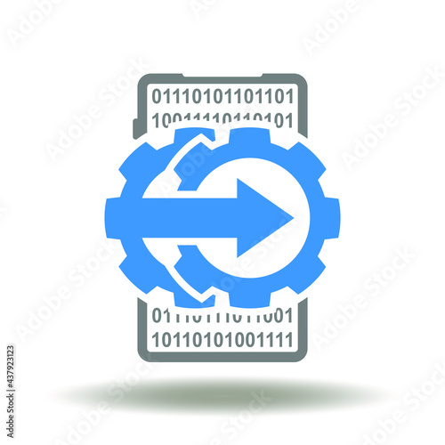 Smartphone with gear mechanism and integration arrow vector illustration. API Integrator symbol. Mobile software and application development, testing, integration icon.