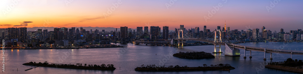 Ultra Wide panorama image of beautiful sunset with skyscrapers at Tokyo, Japan.
