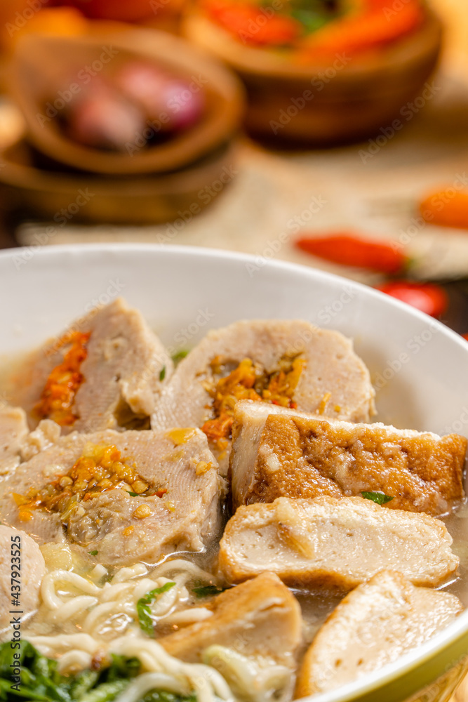 Bakso or baso is an Indonesian meatball, Its texture is similar to the Chinese beef ball, fish ball, or pork ball. The word bakso refer the complete dish of beef broth soup, noodle, tofu and bok choy.