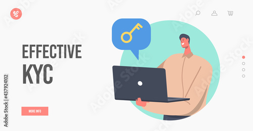 Effective KYC, Know Your Customer Landing Page Template. Thoughtful Businessman with Laptop Learn Client Profile