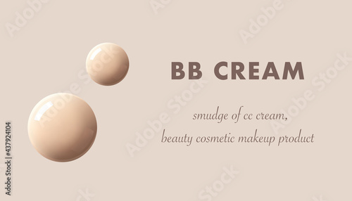 BB cream, CC cream, makeup foundation tone drops isolated 3d realistic vector illustration. Skincare beauty product horizontal banner template with swatches on beige background