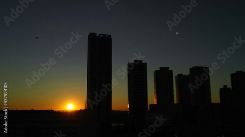 city skyline at sunset