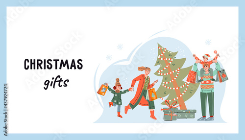 Web banner with family  running shopping to buy gifts for Christmas or New year. Web page for Christmas market or fair,  winter sale, cartoon vector illustration. © Anastasia