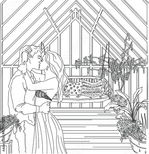 Man kissing woman coloring, Kissing couple line art vector illustration, Vintage romantic illustration