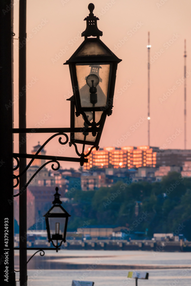 Stockholm, Sweden Lamp posts on Gamla Stan or Old Town in the early morning.