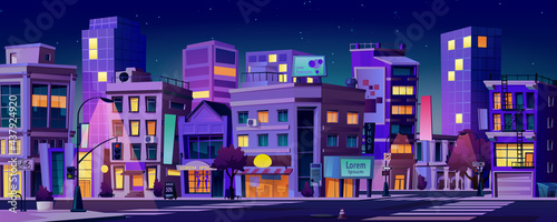 Cityscape with skyscrapers and roads  illuminated street at nights. Downtown or business center  financial district of town or megapolis. Skyline of modern metropolis. Cartoon vector in flat style