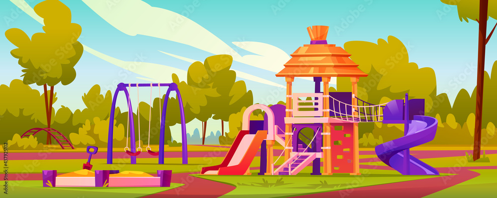 Fototapeta premium Children playground at yard of kindergarten. Garden with swings and slides for kids, sandbox with sand and toys. Leisure and activities for pupils, playing games. Cartoon vector in flat style