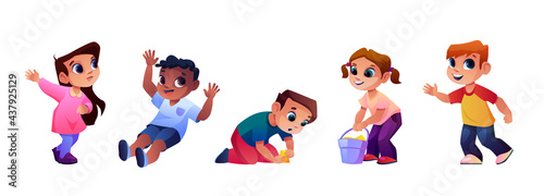 Cheerful children playing at playground, isolated kids boys and girls with bucket and sand. Toddlers having fun outdoors, kindergarten mates, active infants. Cartoon character, vector in flat style