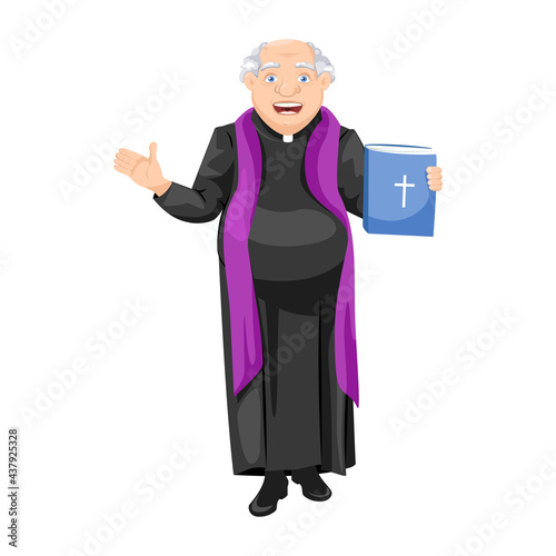 Catholic priest blesses parishioners, Pastor holds bible or gospel. Vector illustration