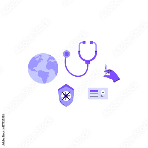 Set of images of vaccination related objects. shield with coronavirus icon, sertificate, stethoscope, syringe, globe