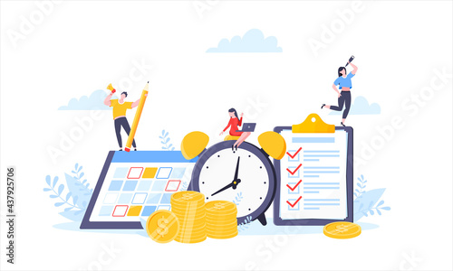 Time is money or saving money business concept. Tiny people working with clock, calendar schedule and checklist symbol. Time management flat style vector illustration isolated on white background.