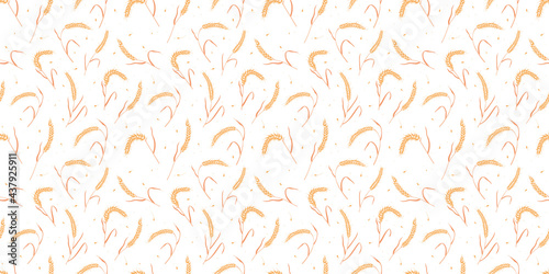 Seamless pattern with whole grain seeds organic, natural ears isolated on white background flat style design vector illustration. Wheat, barley or rye ears with straw chaotic version.