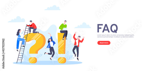 Q and A or FAQ concept with tiny people characters, big question and exclamation mark, frequently asked questions template. Answers business support concept flat style design vector illustration.
