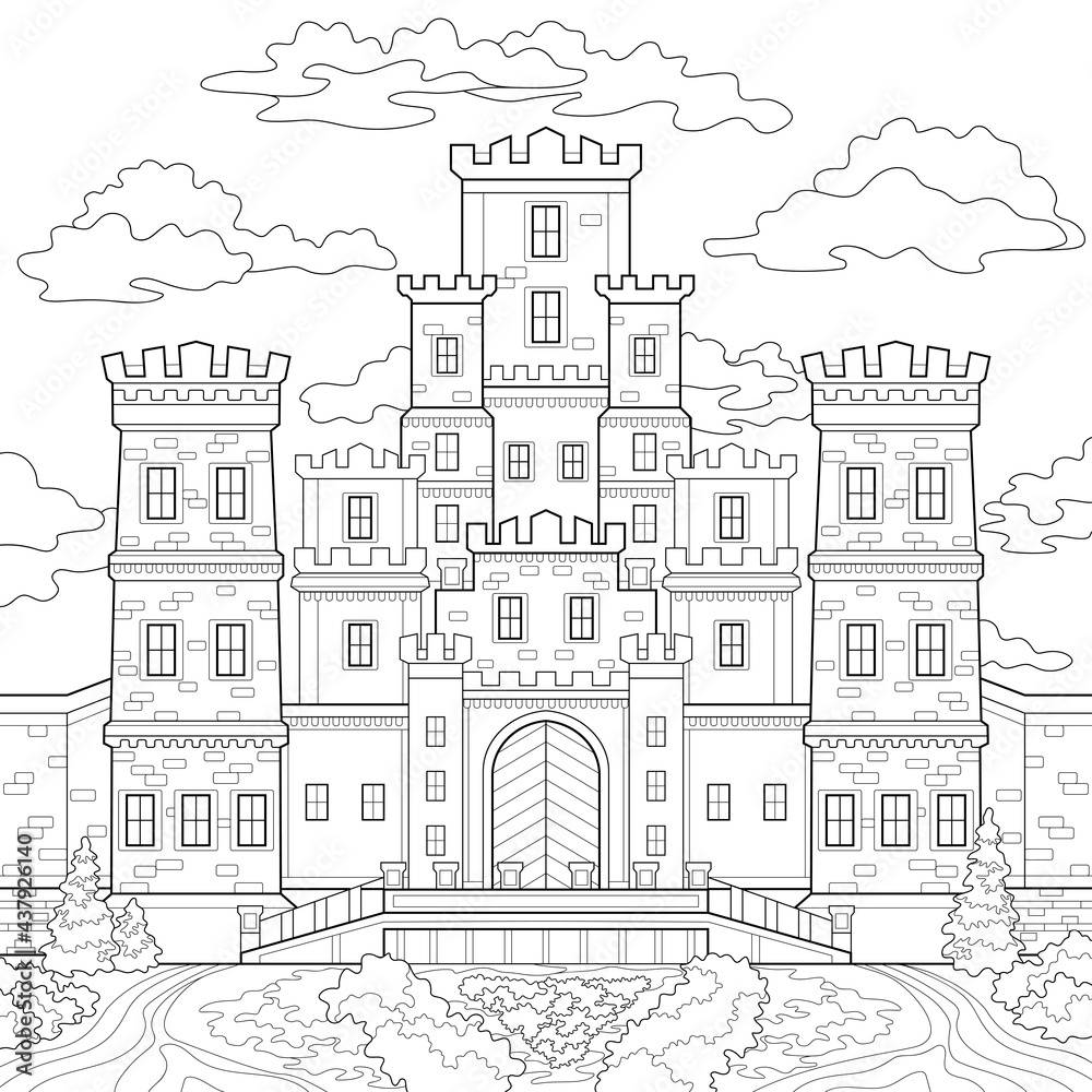 Big stone castle with towers, windows and gates, small garden, trees, bushes, flowers, road, sky, clouds. Architecture illustration on a white isolated background. For coloring book pages.