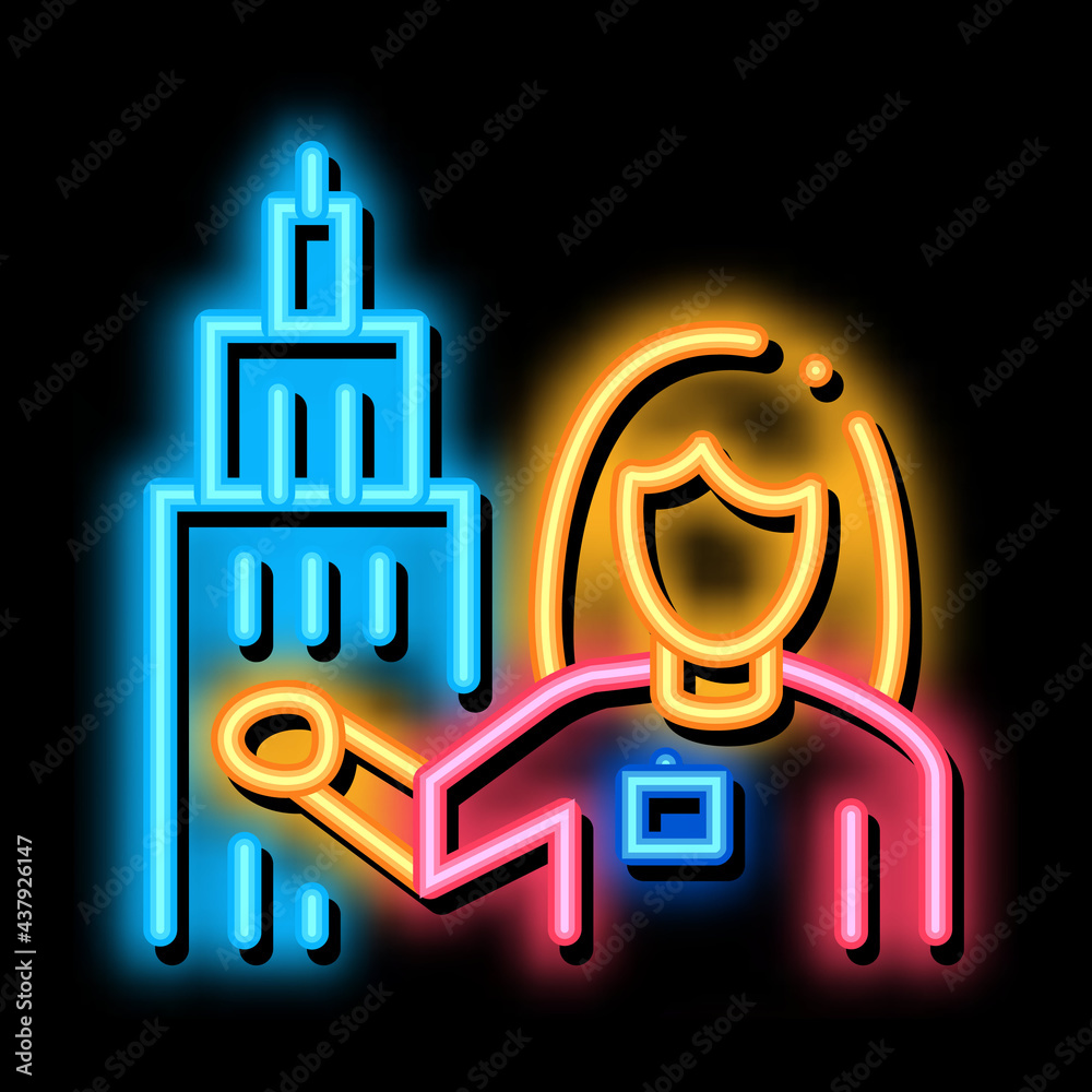 Woman Guide near Tower Landmark neon light sign vector. Glowing bright icon Woman Guide near Tower Landmark Sign. transparent symbol illustration Woman Guide near Tower Landmark neon light sign vector. Glowing bright icon Woman Guide near Tower Landmark Sign. transparent symbol illustration
