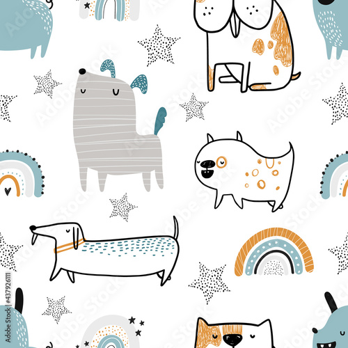 Vector hand-drawn color seamless repeating childish simple pattern with cute dogs, stars and rainbows on a white background. Trendy scandinavian vector background. Dogs print. Cute animals. Pets.