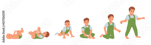 Baby boy development and growth, isolated kid from first day of life till 1 year. Healthy evolution of child. Newborn wearing diaper to toddler, walking infant. Flat cartoon character, vector